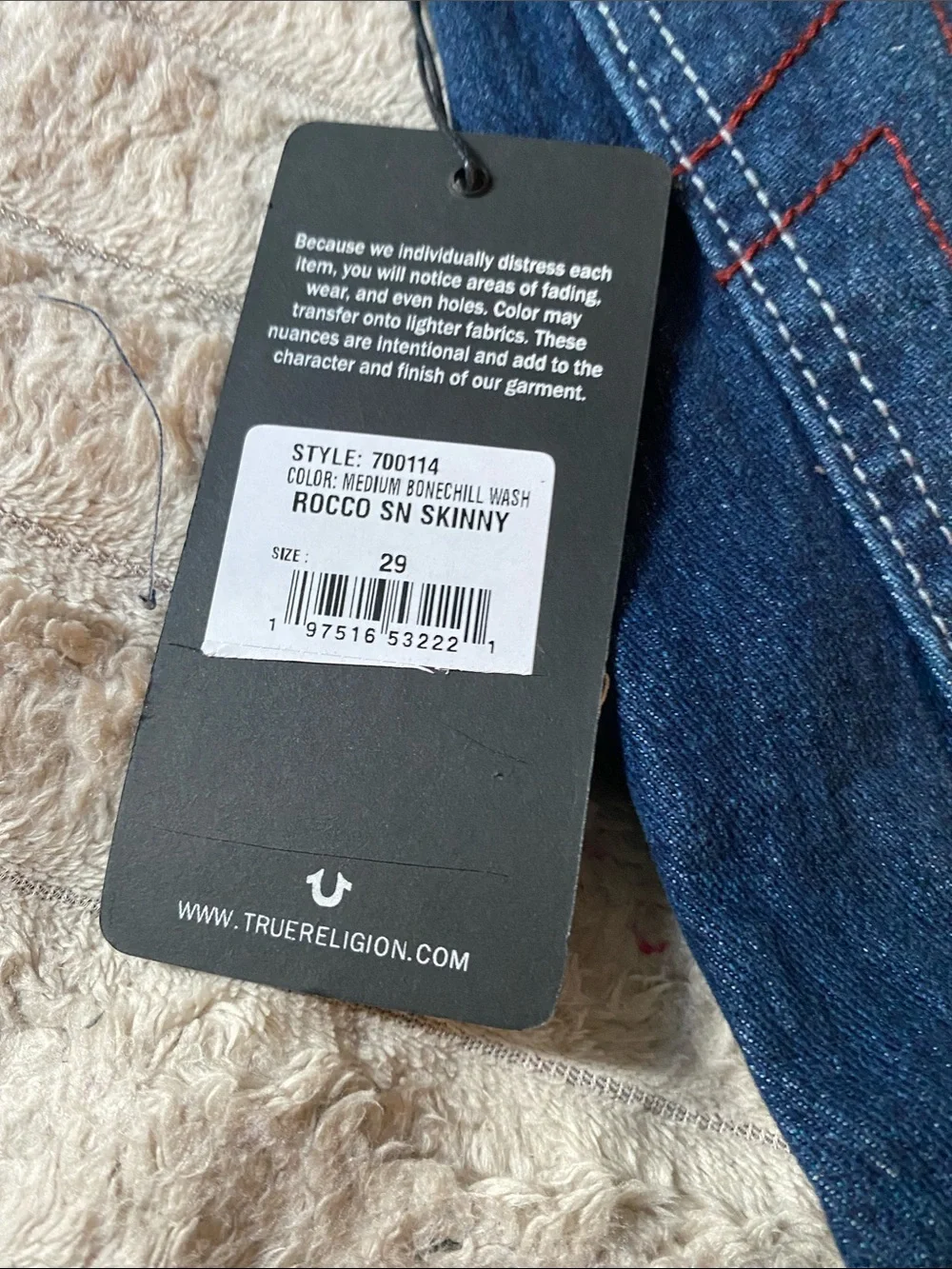 True Religion Men Blue Rocco SK Skinny Jeans with Red Stitching